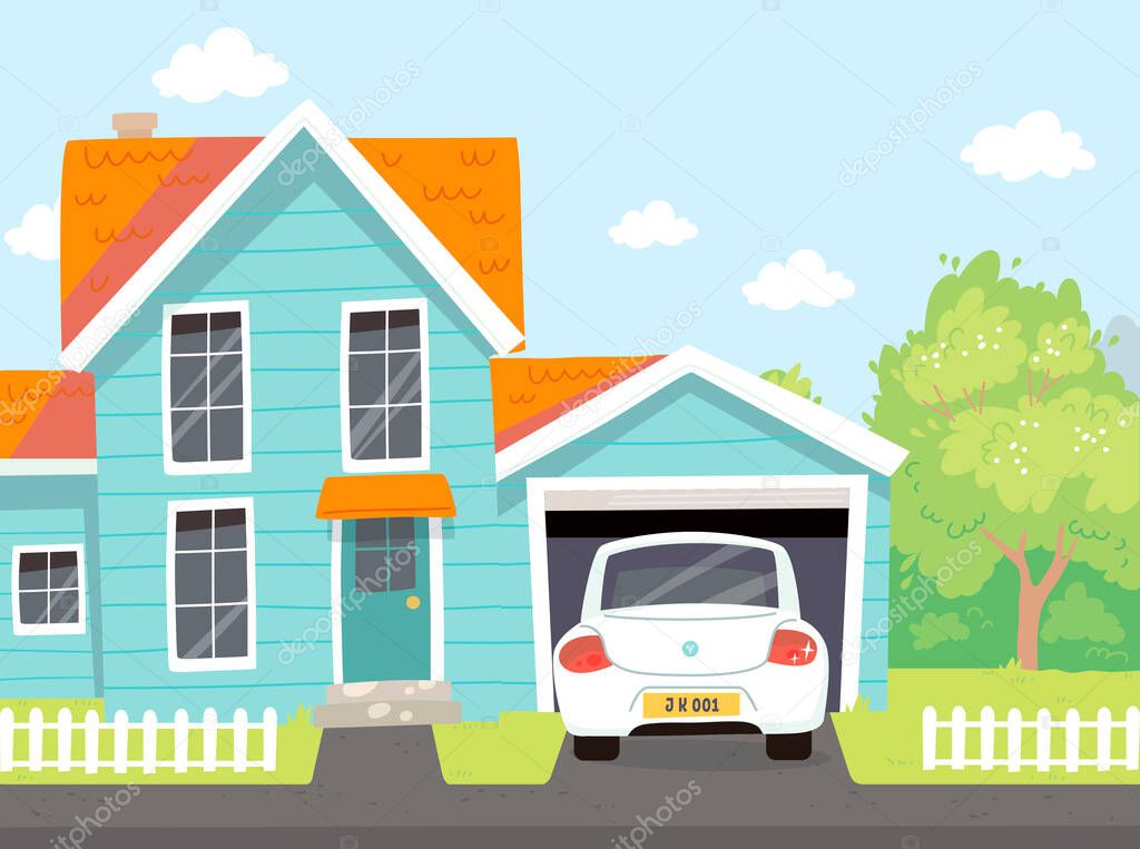 Picture of quiet outdoor neighborhood area in suburbs. Residental house with car parked on driveway in front of opened garage and low wooden fence. Suburbs on weekend. Suburbs life image.