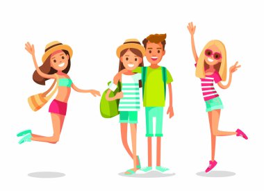 Seyahat eden genç turistleri ayarlayın. Yaz tatilindeki gençler. El sallayan kız, zafer işareti yapıyor. Genç yolcular, çiftler, çiftler, çiftler, çiftler, birlikte seyahat ediyorlar..