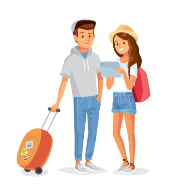 Seyahat eden çift tatile gidiyor. Seyahat çantası ve harita taşıyan turistlerin portresi. Yolculukta, yolculukta, yolculukta. Tabletli genç kız..