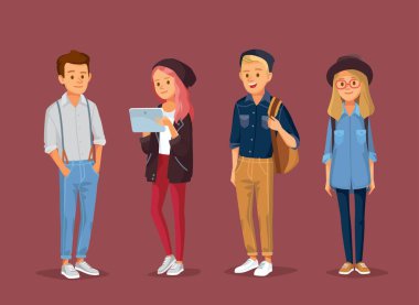 Bir grup modern moda insanı, üniversite arkadaşları sınıf arkadaşları farklı pozlarda yan yana duruyorlar. Erkek ve kadın çizgi film karakterlerinin grup koleksiyonu. Vektör çizimi. Düz tasarım.