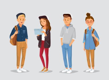 Bir grup modern moda insanı, üniversite arkadaşları sınıf arkadaşları farklı pozlarda yan yana duruyorlar. Erkek ve kadın çizgi film karakterlerinin grup koleksiyonu. Vektör çizimi. Düz tasarım.