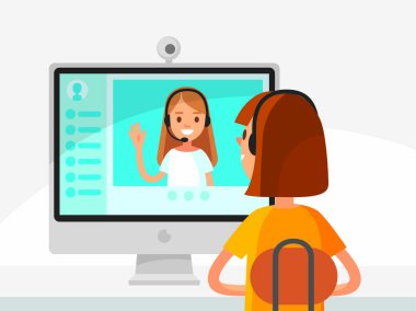 Giyin. İnternet işi. Genç bir kadın, defterin önünde oturmuş, görüntülü sohbet uygulaması üzerinden sohbet ediyor. İki kız arasında video sohbeti. Kız video çağrısı, sohbet, kurye kullanımı, video konferansı