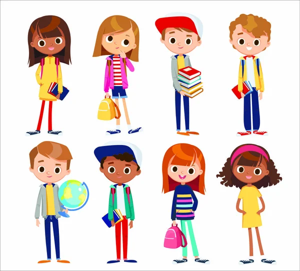 Vektor diatur dengan anak-anak lucu. Anak sekolah mahasiswa baru, murid dengan buku dan alat tulis sekolah. Remaja karakter berdiri di pose yang berbeda, pakaian, wear.Child fashion modeling. — Stok Ilustrasi Vektor Diatur Dengan Anak Anak Lucu Anak Sekolah Mahasiswa Baru Grafik Vektor