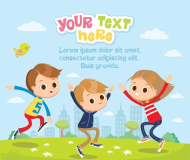 Vektör seti, bir grup küçük çocuk, çocuklar, arkadaşlar, büyük gözlü arkadaşlar birlikte zıplıyorlar, el kaldırıyorlar, iyi vakit geçiriyorlar, mavi gökyüzü ve arka planda manzarası olan yeşil çimlerde eğleniyorlar..