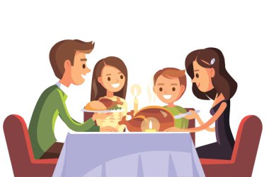 Noel 'de Şükran Günü' nü birlikte kutlayan aile, akşam yemeği hazırlıyor. Anne, baba, çocuklar, yemek yiyen, sohbet eden çocuklar. Aile birliği.