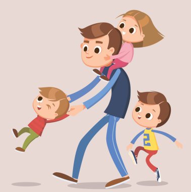 Baba, baba çocuklarla iyi vakit geçiriyor. Aktif oyun oynuyorlar. Baba oğlanlarla eğleniyor, kızı omuzlarında taşıyor..