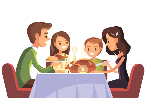 Familia Teniendo Cena Festiva Noche Cena Casera Sentados Alrededor Mesa — Vector de stock