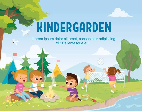 Sekelompok Anak Anak Duduk Perapian Perkemahan Musim Panas Memanggang Marshmallow Grafik Vektor