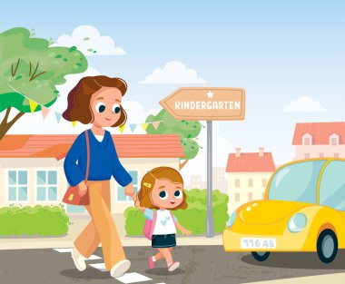 Mother and baby going by street. Mother and baby girl kid cross the street by crosswalk in front of car. Road traffic safety concept.Child and babysitter,nurse,cross the street.How to cross the street clipart