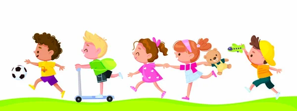 Children Running One Another Pathway Kids Rush Somewhere Group Line — Stock Vector