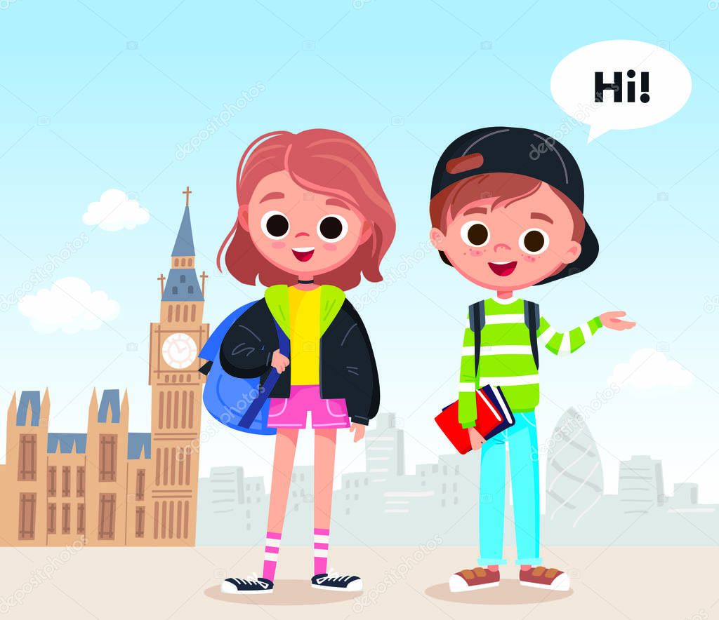 Two school kids, learners, young charaters standing, greating with england capital london city scape on behind, background. Vector advert concept for english training courses, classes, template, flyer