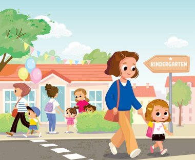 Parents pick up kids from kindergarden. Mother with daughter cross road, street by pedestrian crossing, crosswalk nearby local daycare center. Parents picking children from preschool on summer day clipart