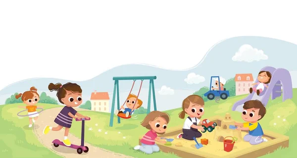 Bambini Che Giocano Nel Parco Parco Giochi Con Bambini Gruppo — Vettoriale Stock