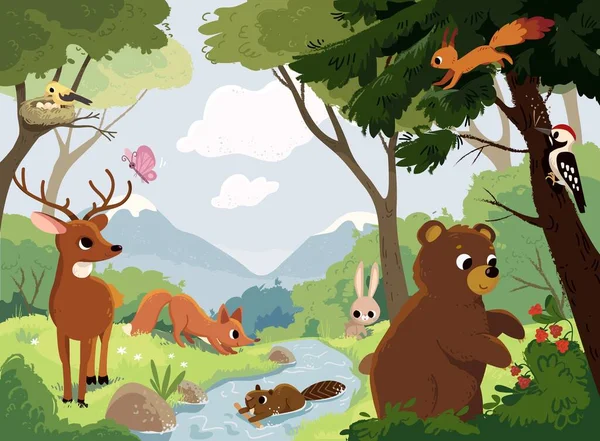 Cartoon Vector Dieren Die Leven Vallei Met Rivier Bos Bergen — Stockvector