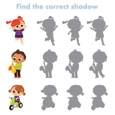 Doğru gölgeyi bul. Çocuklar için eğitici eşleştirme oyunu. Okul öncesi çocuklar ve yeni yürümeye başlayanlar için eğitici bir aktivite. Anaokulu çocukları için eğitici bir oyun.