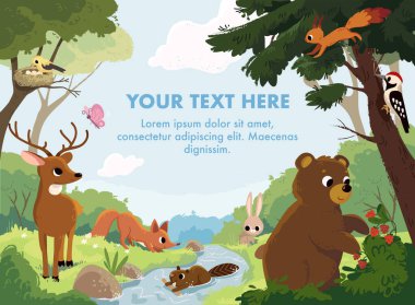 Cartoon vector animals that live on the valley with river and forest. Forest fauna. Forest inhabitants. Bear looking for raspberries. Woodpecker hollows the hollow. Northern national park. clipart