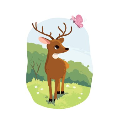Little brown baby bambi deer standing on lawn, meadow and looking up on butterfly. Spring in forest. Fairy Tale cartoon style book illustration. Cute animal with horns. Flat vector. clipart
