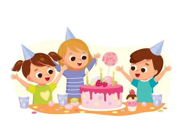 Enfants Enfants Joyeux Heureux Assis Table Fête Anniversaire Féliciter Accueillir — Image vectorielle