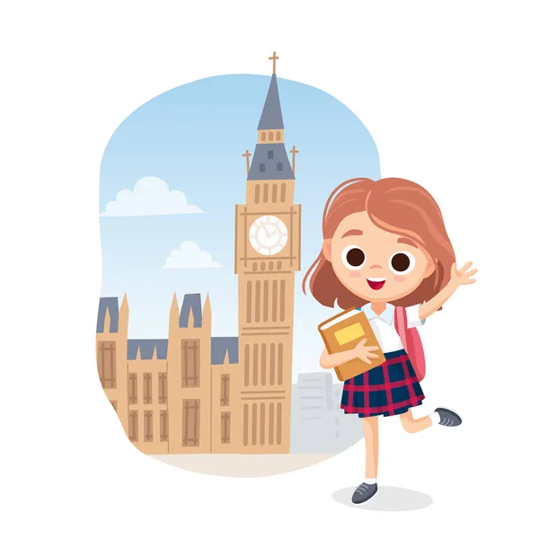 Angol Órák Vektorsablonja Iskolás Lány Könyv Integetett Kézzel London Kép — Stock Vector