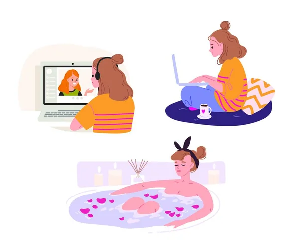 自由职业者女孩在网上冲浪 在社交媒体网络上聊天 在网上学习 女人放松洗澡 按摩浴缸 年轻女人通过视频聊天说话 在家工作的远程工作 — 图库矢量图片