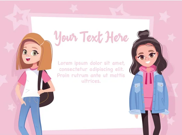 Vector Card Copy Space Teenage Girls Posing Casual Wear Pink — Stock Vector
