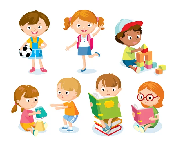 Lindos niños con juguetes y libros — Vector de stock