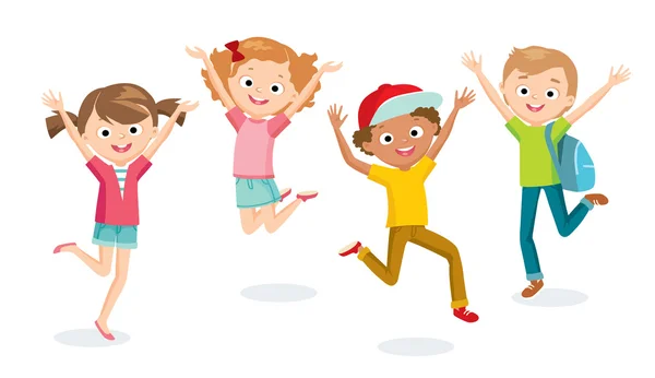 Alumnos niños y niñas feliz salto — Vector de stock