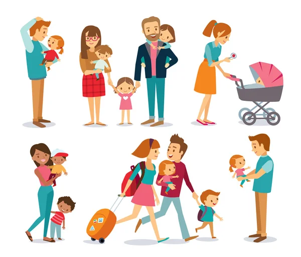 Personas y parejas con babe niños — Vector de stock