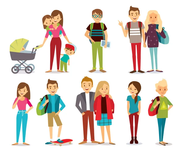 Jeunes, couples, maman avec des enfants — Image vectorielle