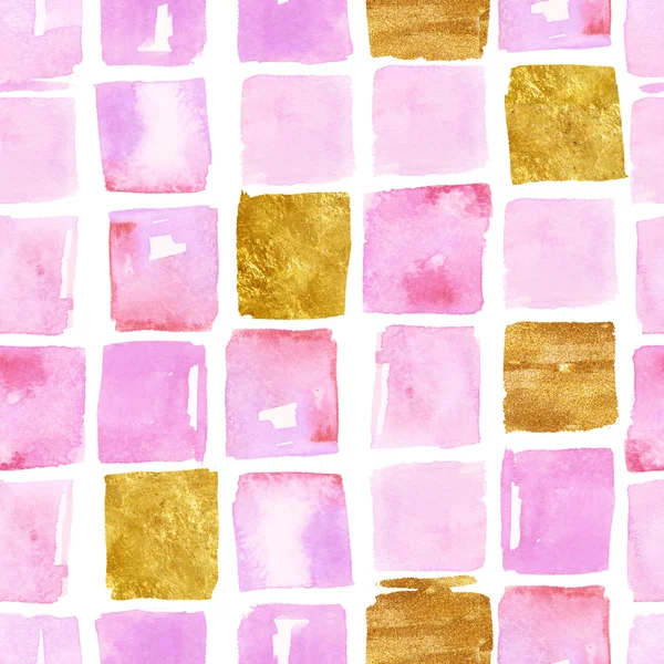 Watercolor squares gold and pink pattern — Stock Photo, Image