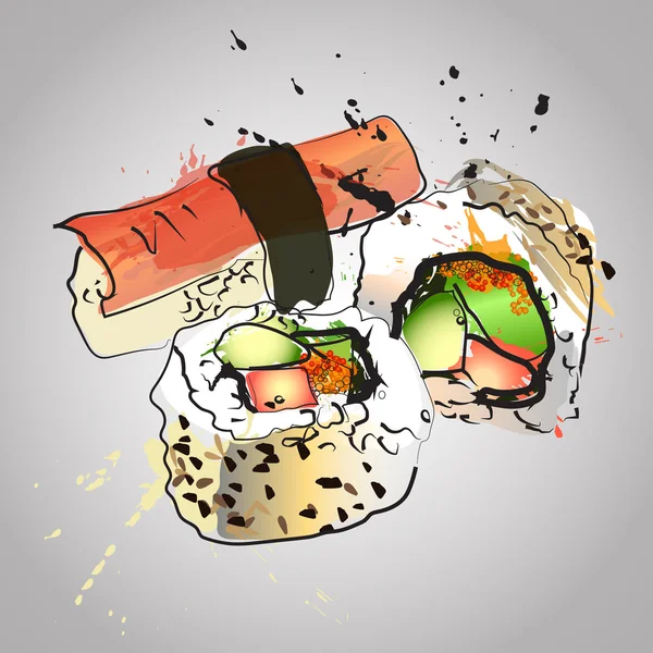 Conjunto de mariscos, sushi y maki con salpicaduras de color — Vector de stock