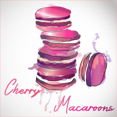 5 macarons pembe boya splash arka plan, Fransız. Suluboya vektör çizim ışık hamur işleri.