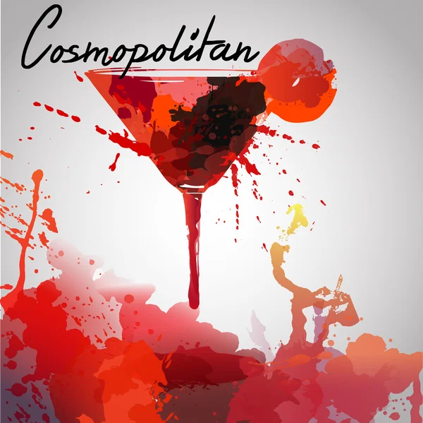 Cosmopolitan cocktails drawn watercolor blots and stains with a spray, including recipes and ingredients on the background of crumpled paper — Stock Vector