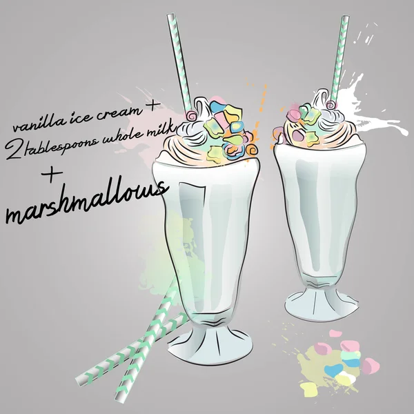 Marshmallow de comida colorida com milkshake — Vetor de Stock