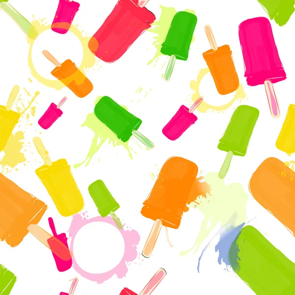 Colorful watercolor background with ice cream on a stick. Vector illustration of frozen juice. Sweet Popsicle. — Stock Vector