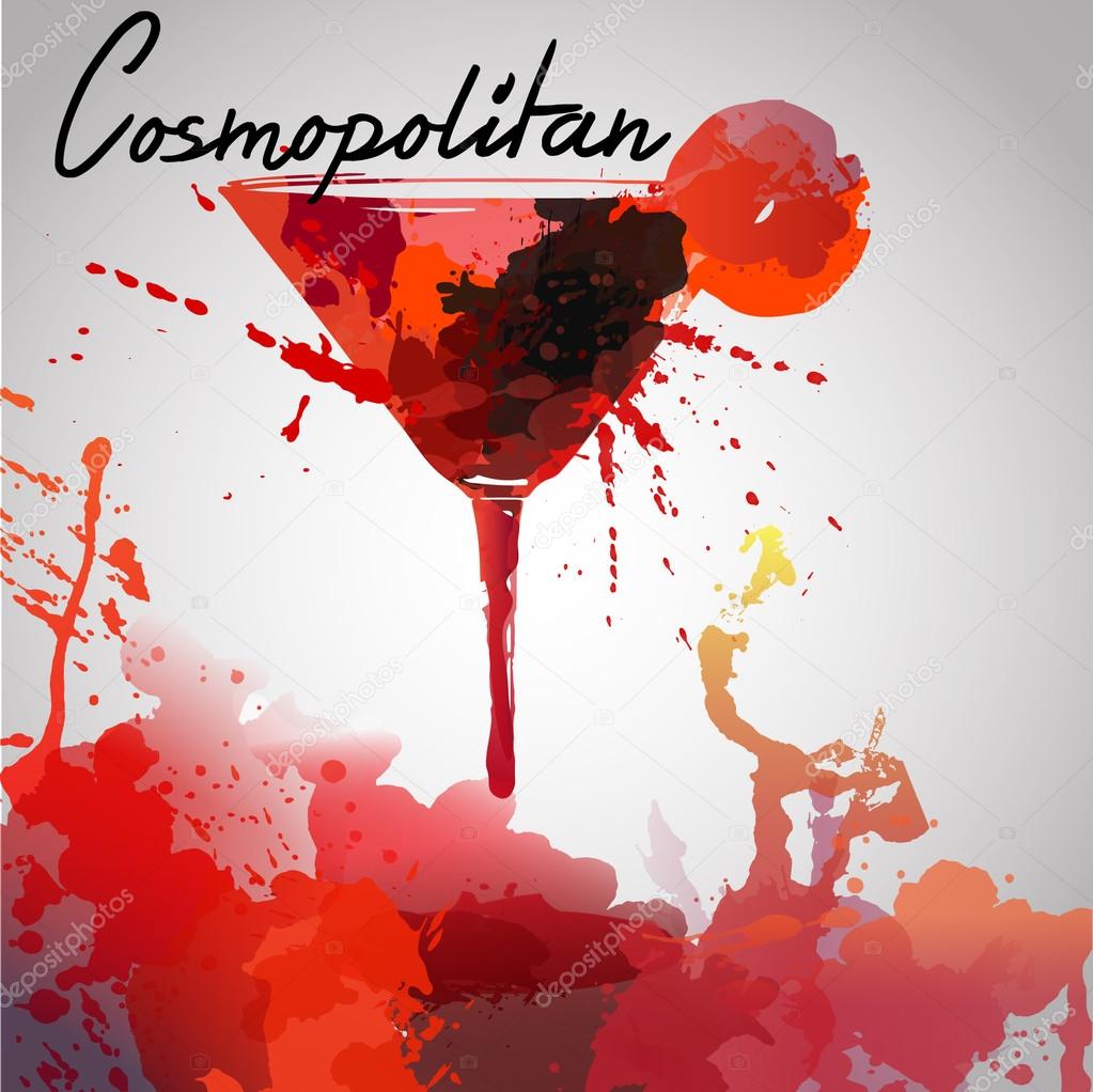 Cosmopolitan cocktails drawn watercolor blots and stains with a spray, including recipes and ingredients on the background of crumpled paper