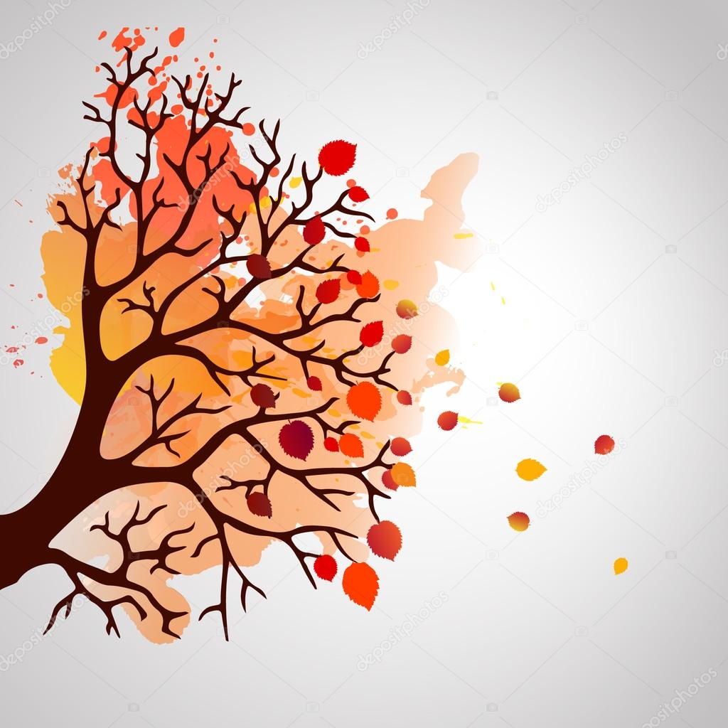 Autumn Tree With Falling Leaves on White Background. Elegant Design with Text Space and Ideal Balanced Colors. Vector Illustration.