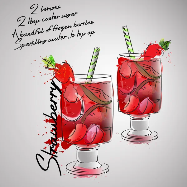 Strawberry lemonade with ricepe watercolor splash — Stock Vector