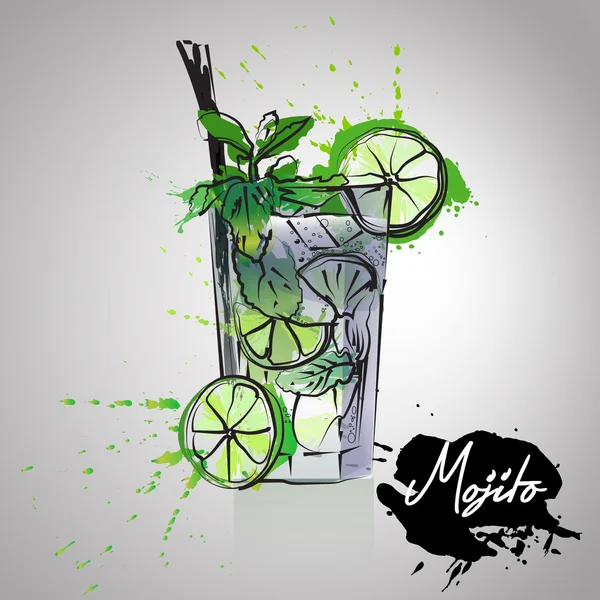 Mojito cocktails drawn watercolor blots and stains with a spray, including recipes and ingredients — Stock Vector