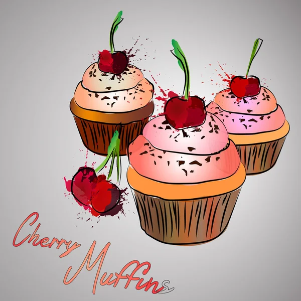 Muffins de cereja com cereja rosa e respingo de cor — Vetor de Stock