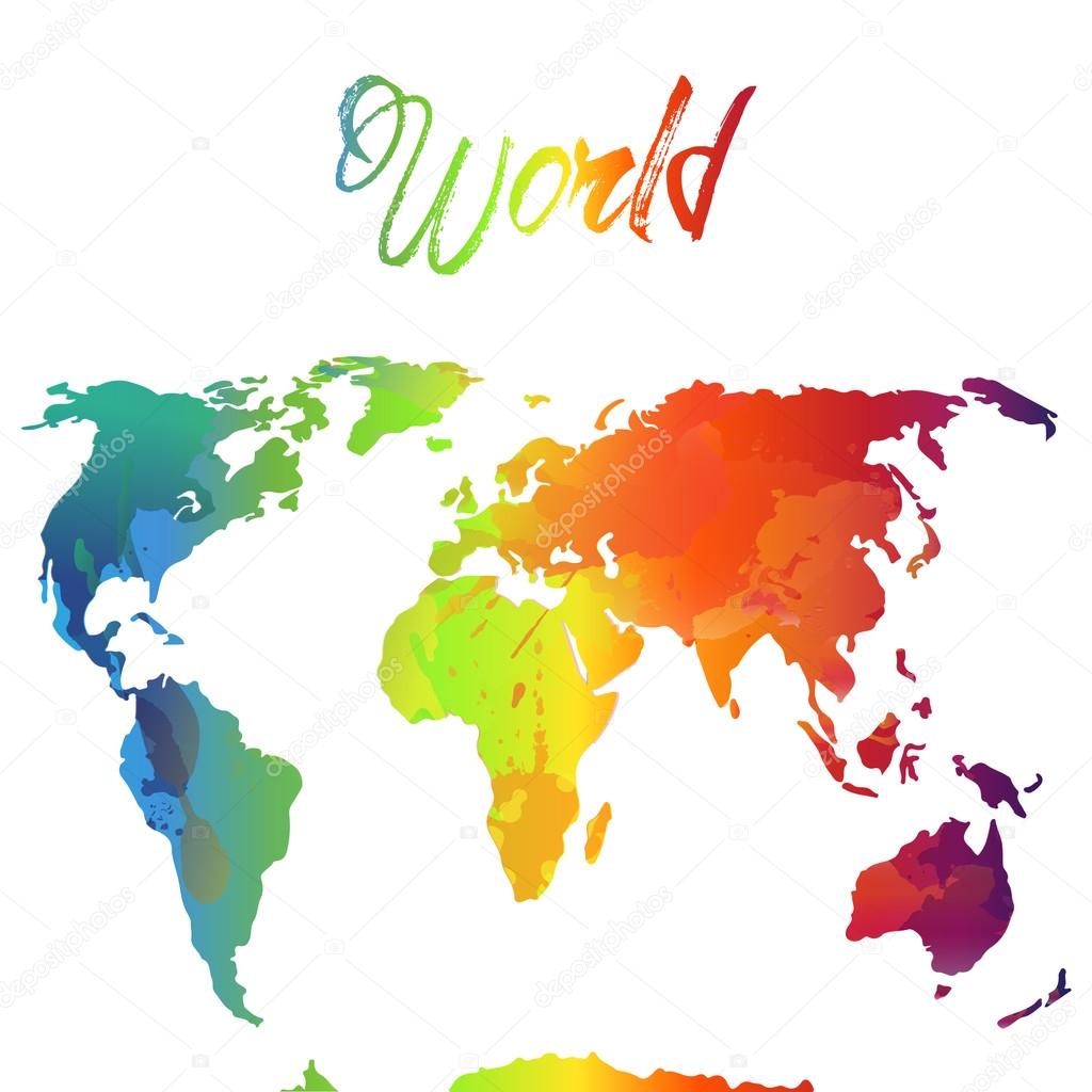 World Map Watercolor, Vector illustration. rainbow and heart