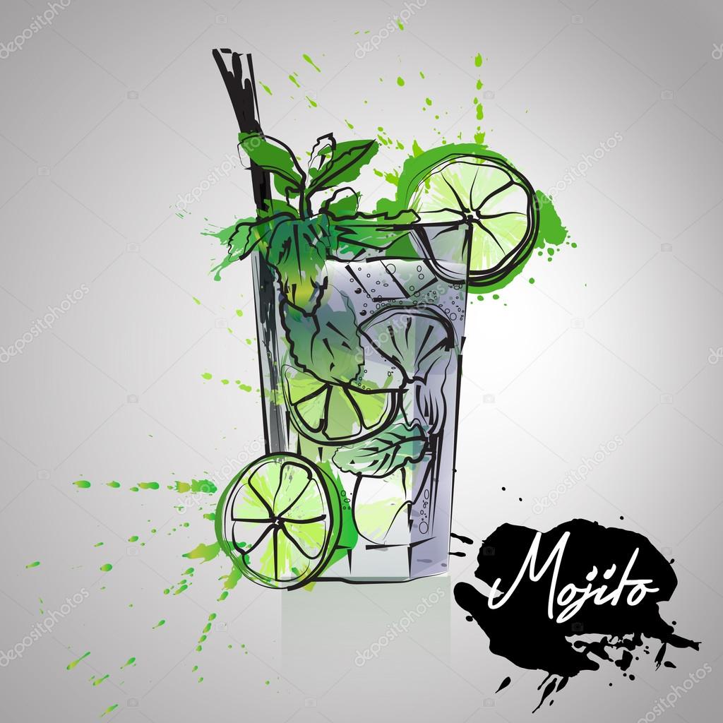 Mojito cocktails drawn watercolor blots and stains with a spray, including recipes and ingredients 