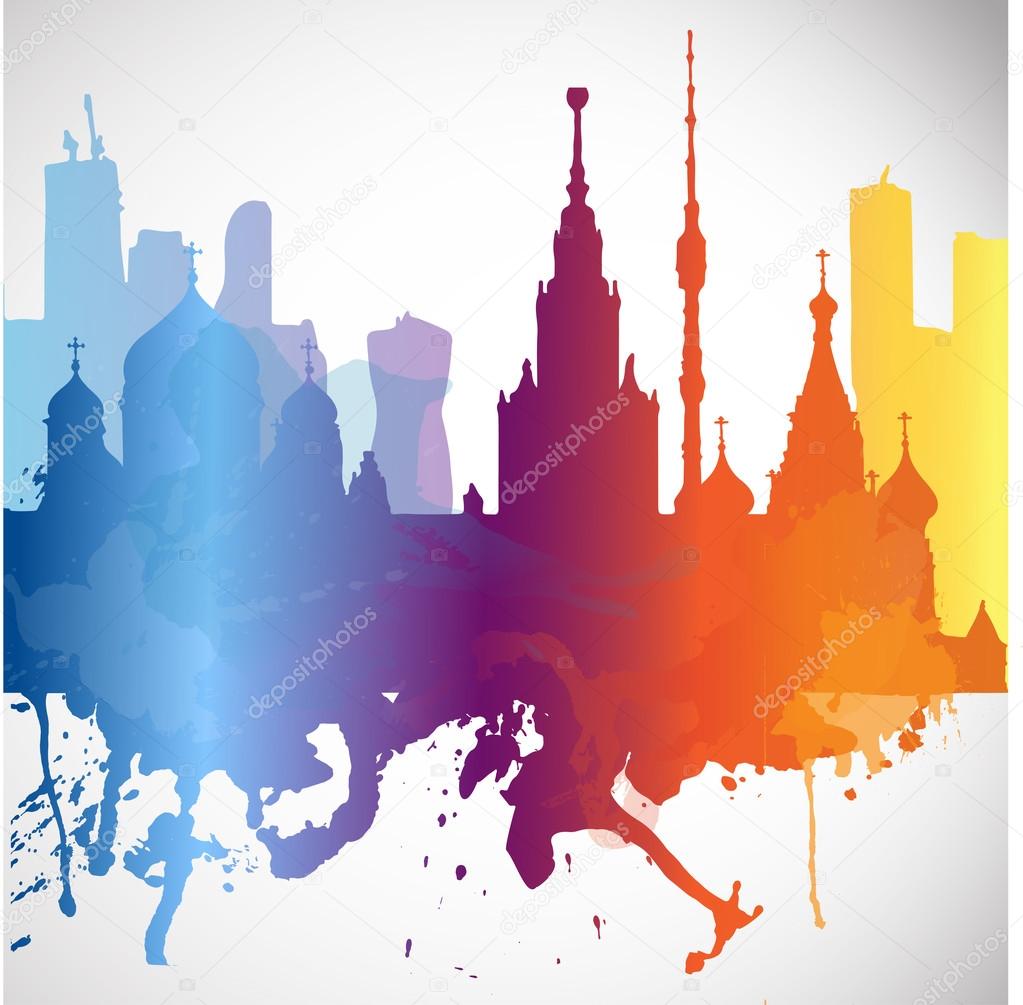 Silhouette overlay city Moscow with splashes of watercolor drops streaks landmarks 