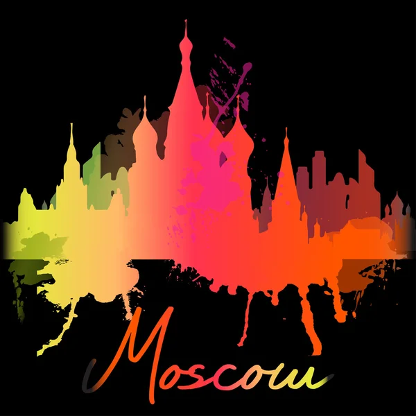 Silhouet overlay stad Moskou met spatten van aquarel druppels strepen bezienswaardigheden — Stockvector