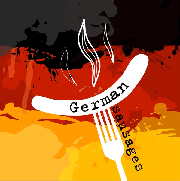 Duitsland worst. Duitsland banger. Worst op een vork. Traditionele delicatesse in kleur van vlag. — Stockvector