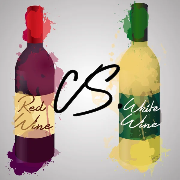 Bottle of red and white wine with color splash — Stock Vector