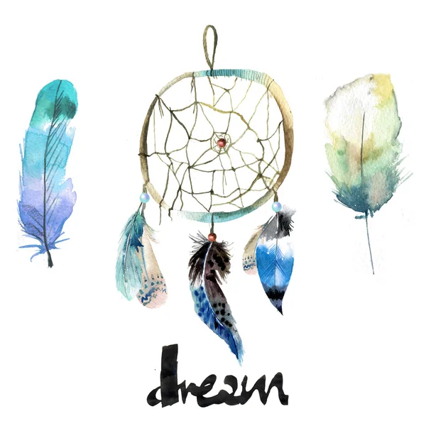 Hand drawn dreamcatcher with fantastic feather — Stock Photo, Image