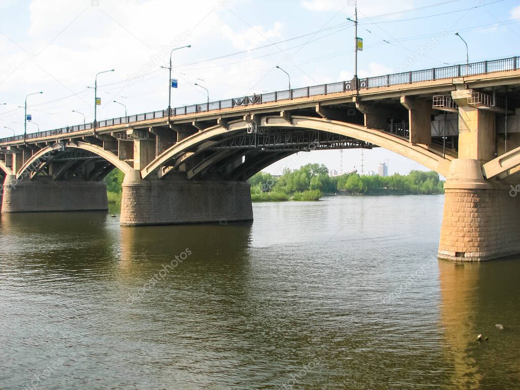 Bridge over the Yenisei River in the city of Krasnoyarsk. Communal bridge