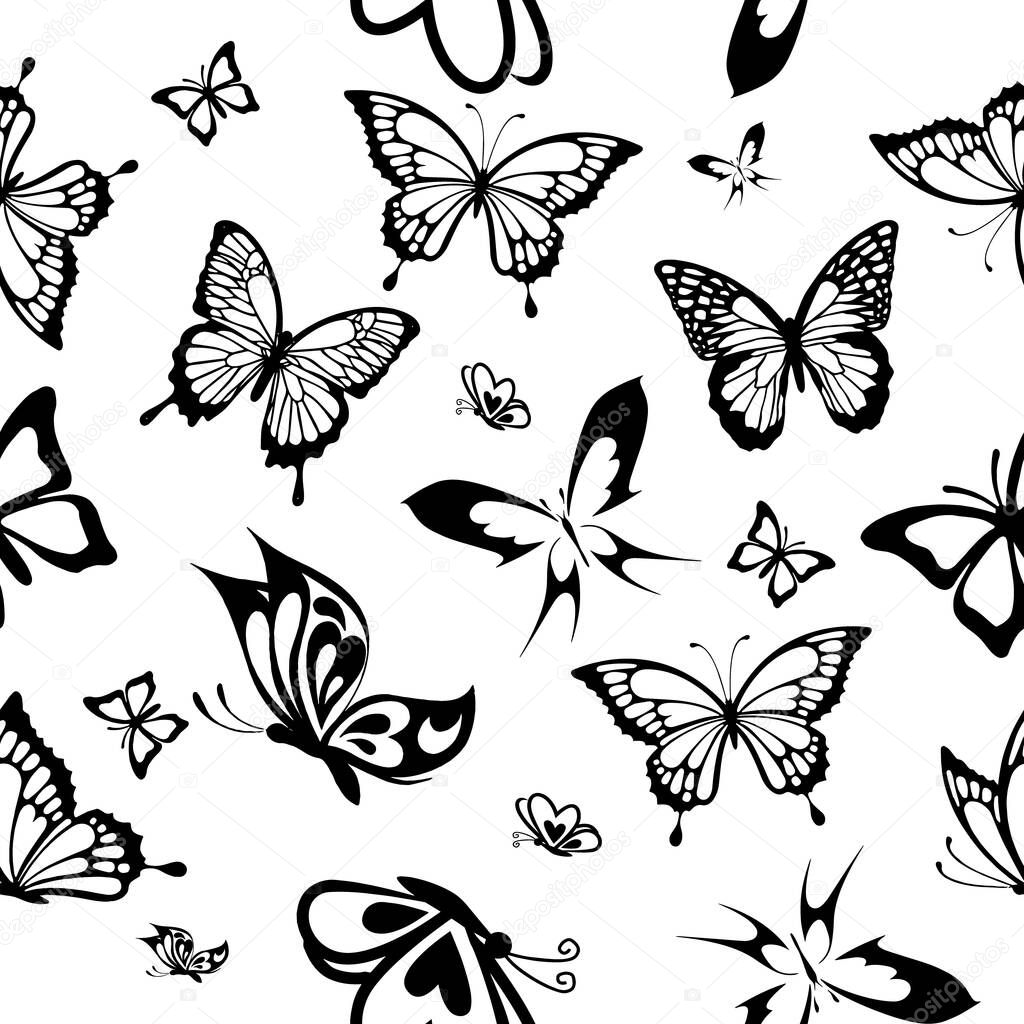 Seamless pattern, vector image, contour black butterflies on a white background