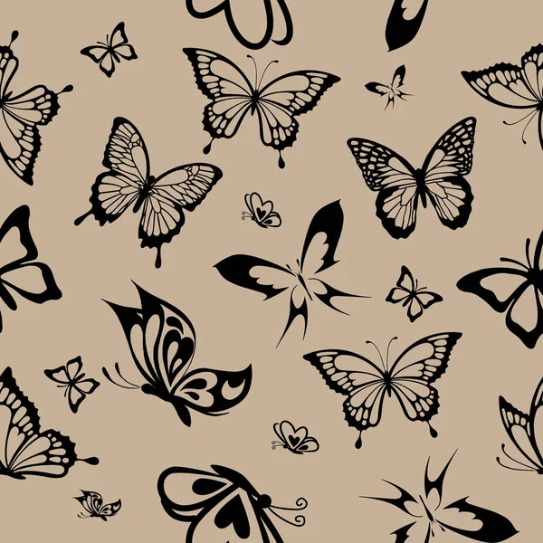 Nahtloses Muster Vektorbild Konturschwarze Schmetterlinge Auf Beigem Hintergrund — Stockvektor
